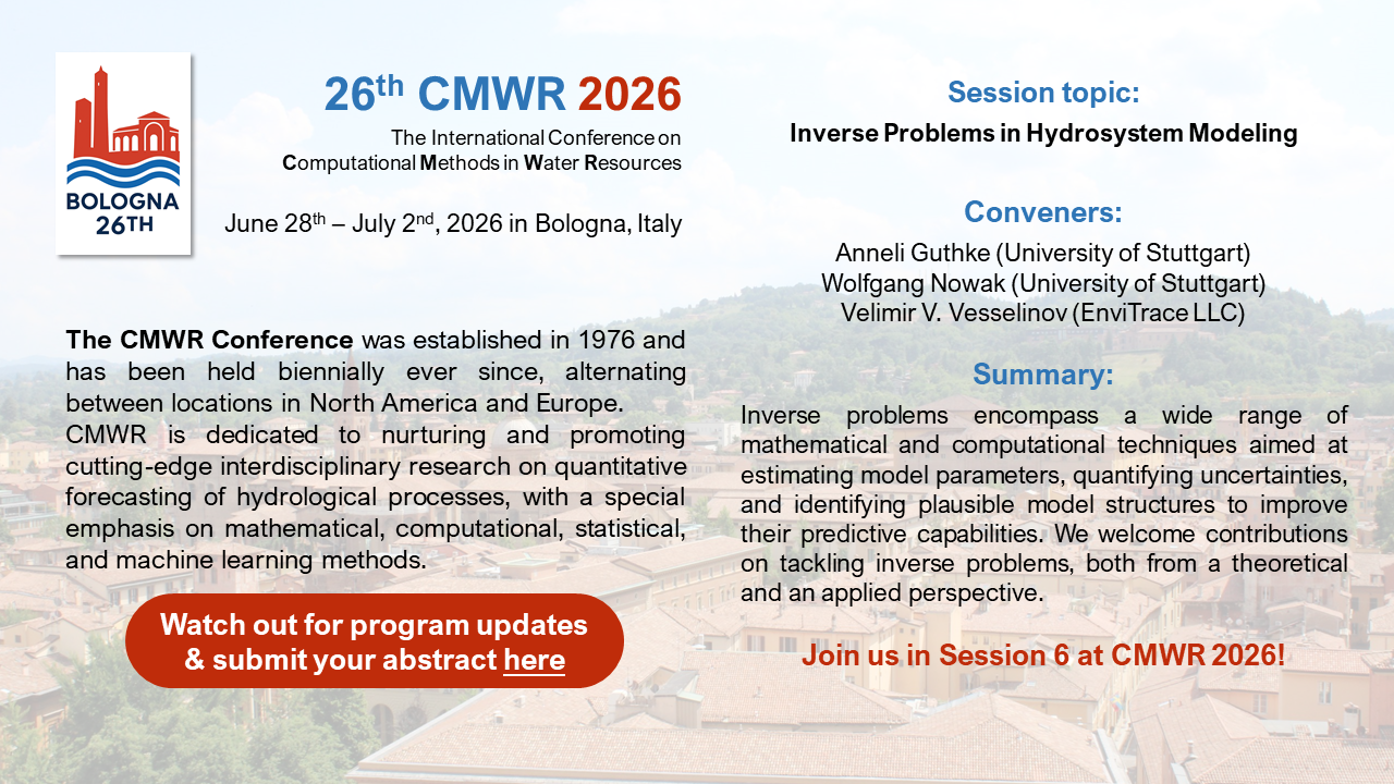 Inverse Problems in Hydrosystem Modeling — CMWR 2026 Session (co-organized by EnviTrace)