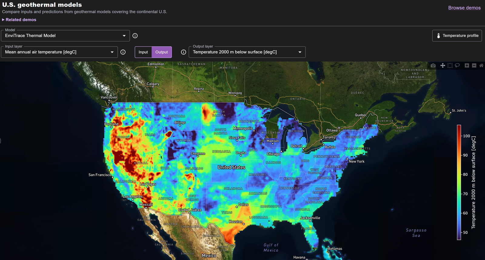 EnviTrace’s U.S. Geothermal Temperature & Stress Model demo screenshot