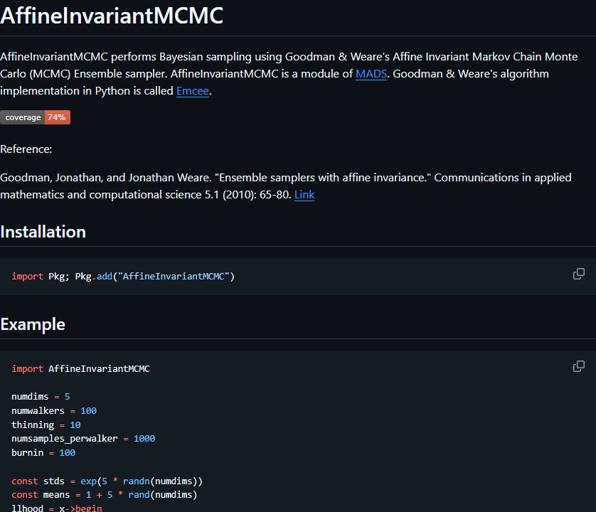 AffineInvariantMCMC.jl: Official documentation in GitHub dark mode.