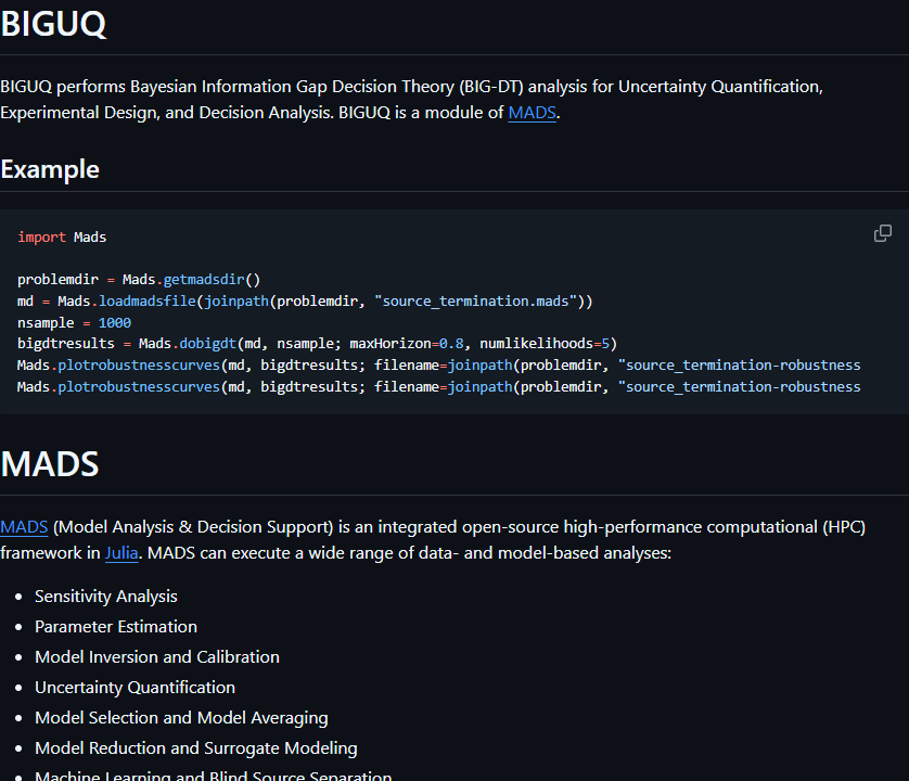 BIGUQ.jl: Official documentation in GitHub dark mode.