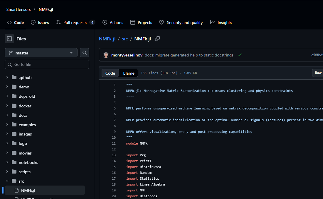 NMFk.jl: Official source code in GitHub dark mode.
