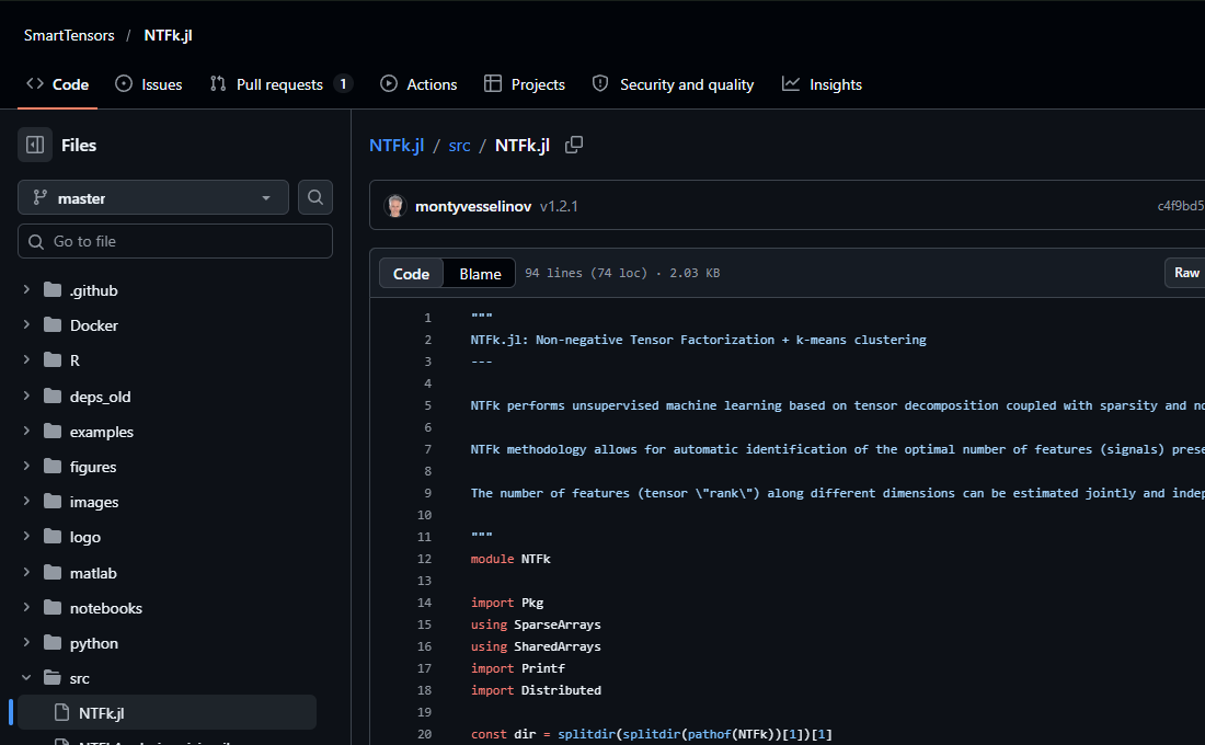 NTFk.jl: Official source code in GitHub dark mode.