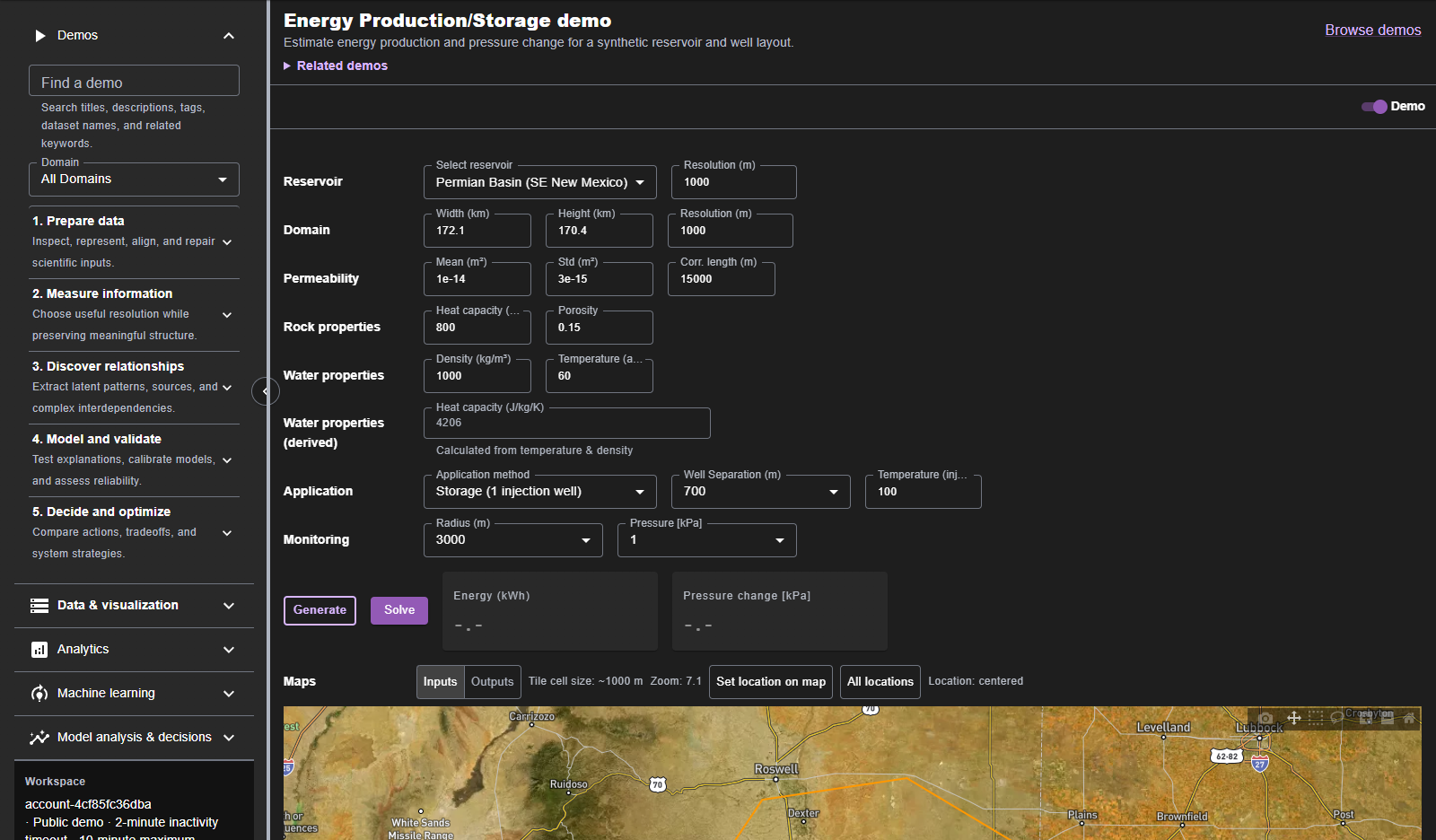 PetroAI: Related reservoir and energy-scenario configuration interface in dark mode.