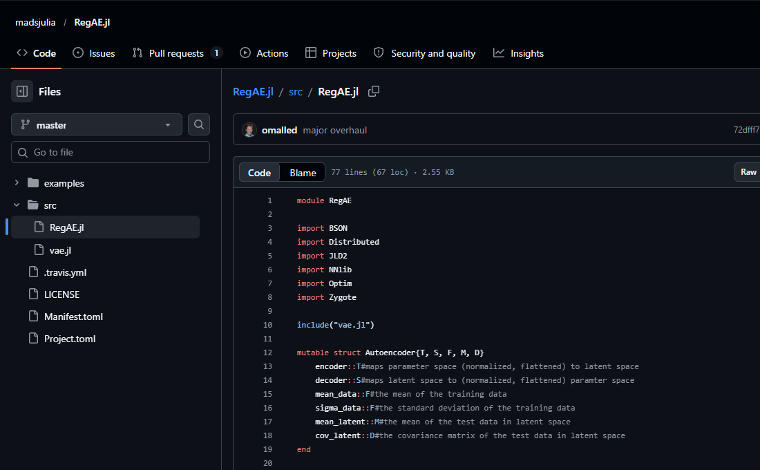 RegAE.jl: Official source code in GitHub dark mode.