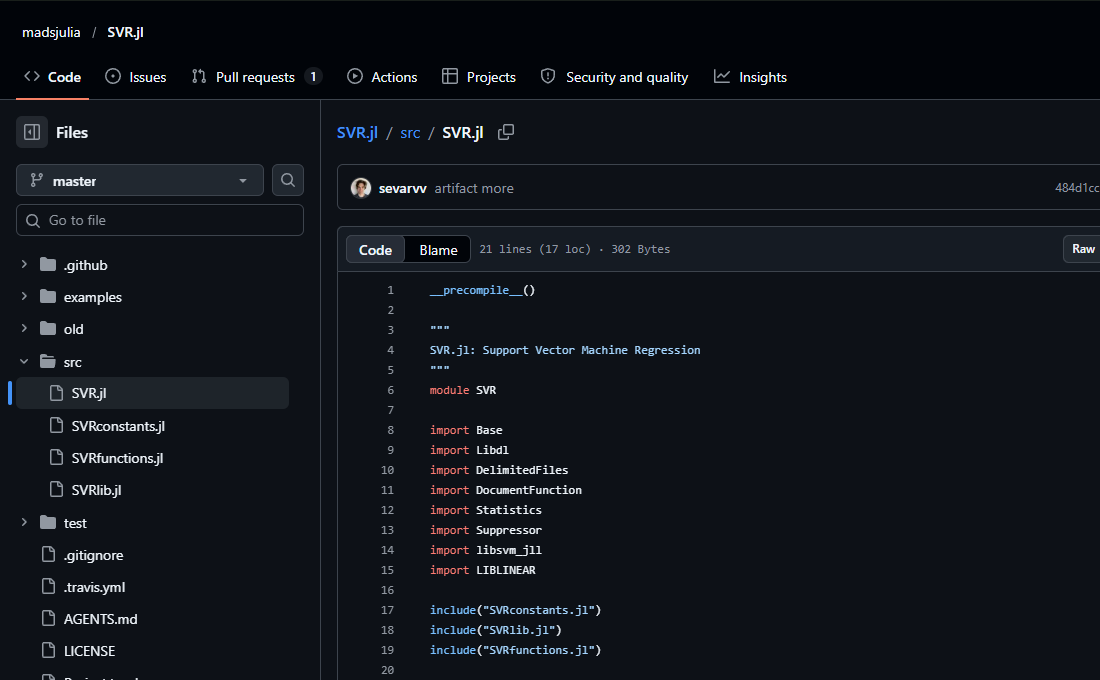 SVR.jl: Official source code in GitHub dark mode.