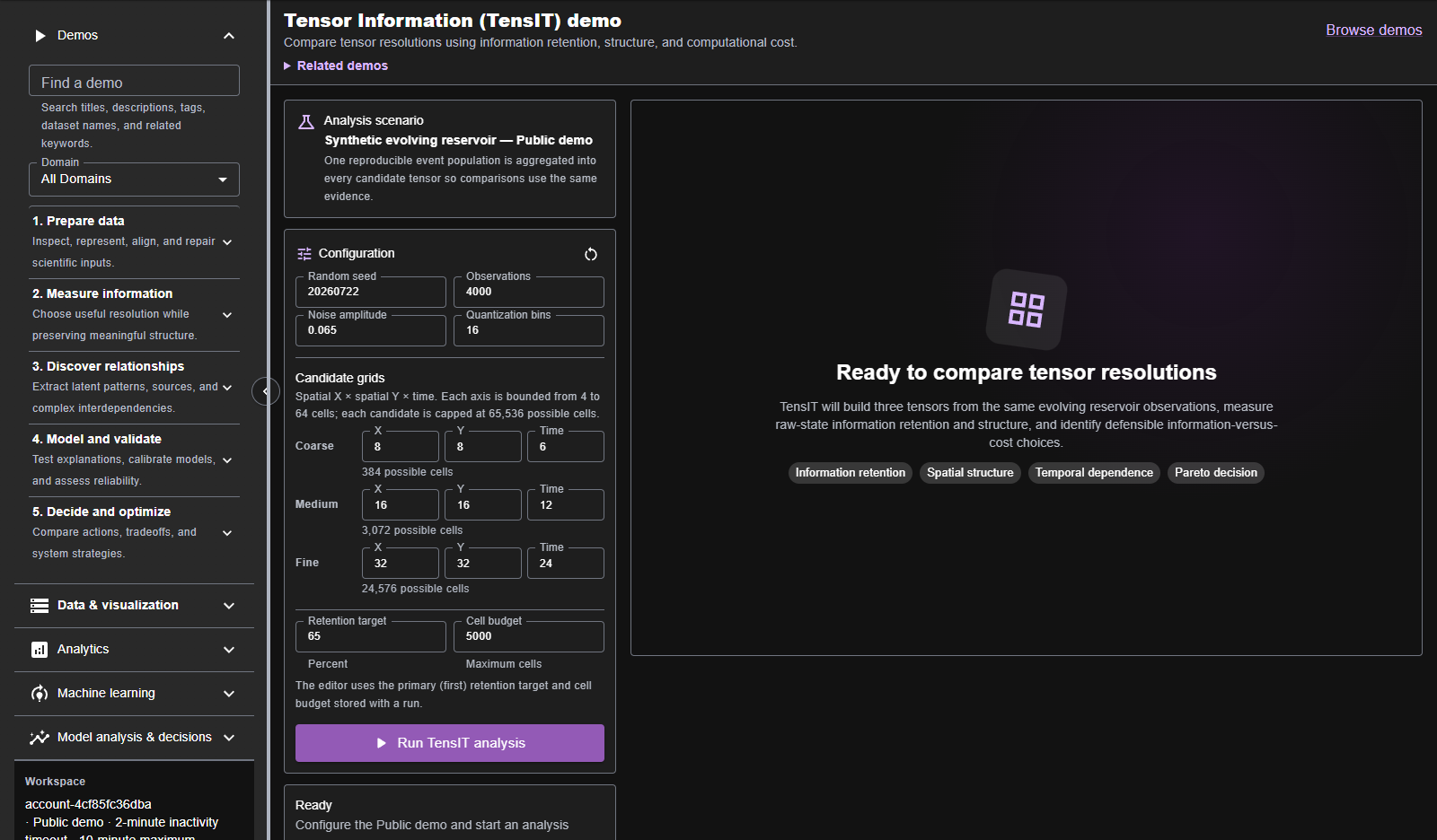 TensIT: EnviCloud Tensor Information interface in dark mode.