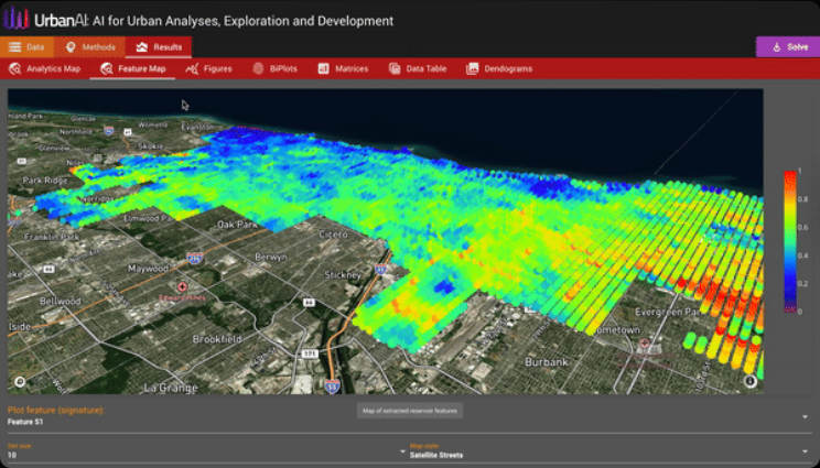 UrbanAI prototype dashboard with its native dark controls and geographic data view